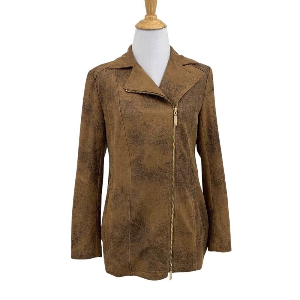 Chicos Jacket Womens 00 Brown Faux Suede Elongated Moto Zip Up Stretch Pockets
